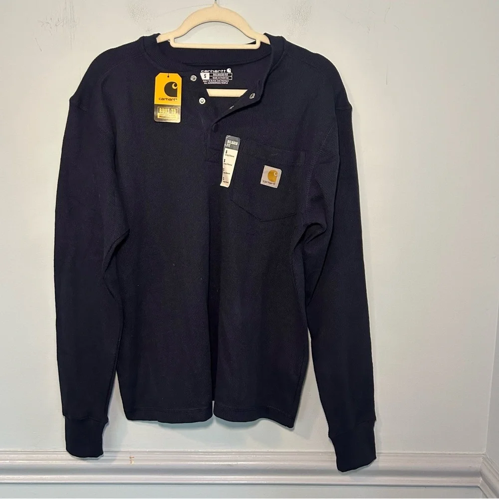 NWT Carhartt Navy Blue Relaxed Fit Snap Collar Long Sleeve Top Size Small